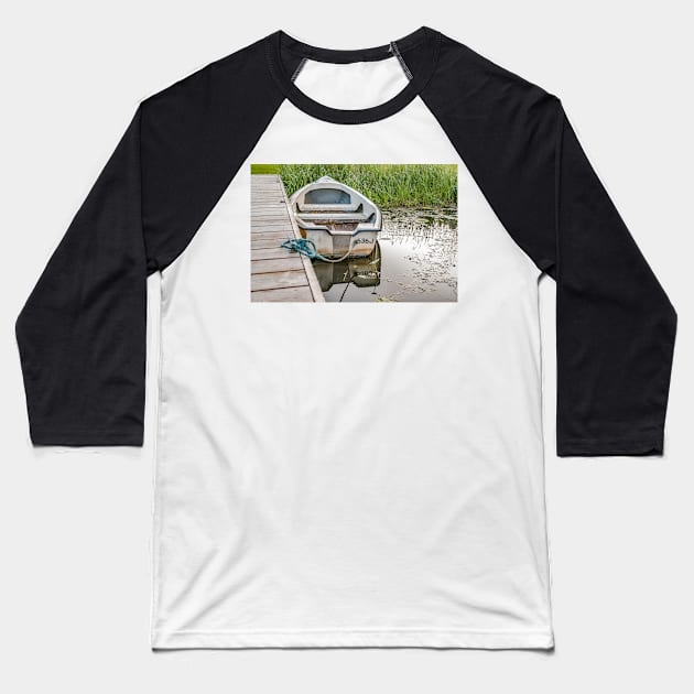 Boat tied to wooden staging on the Norfolk Broads Baseball T-Shirt by yackers1